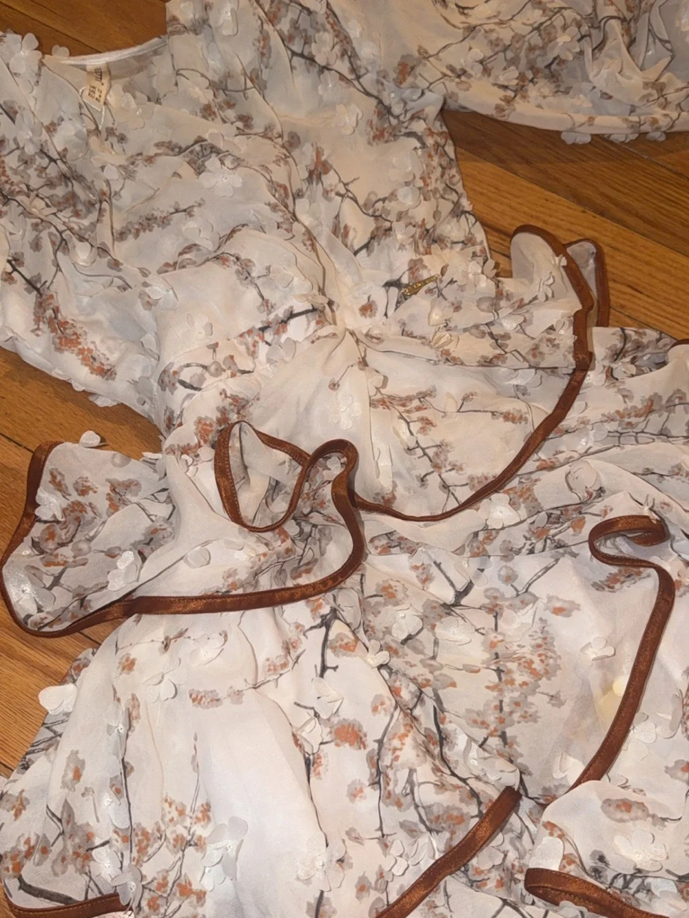Girls White Floral Ruffle Dress with Brown Trim
